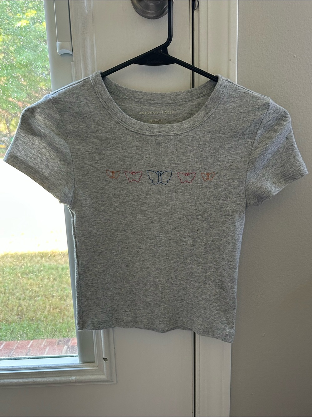 American Eagle Baby Tee Butterfly Embroidered